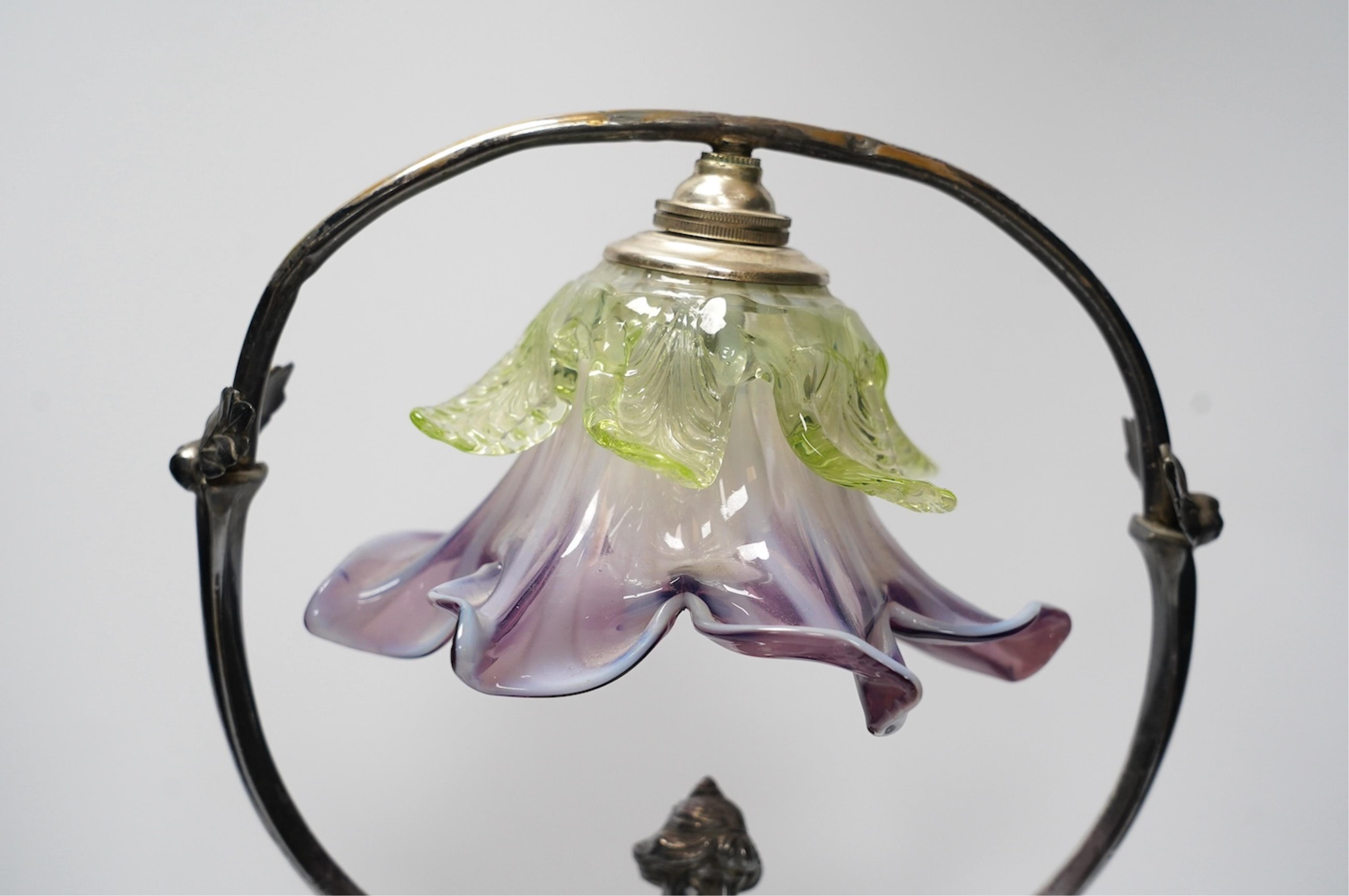An Art Nouveau WMF pewter and glass flower shade lamp, 39cm high. Condition - split to base on one leg, otherwise good